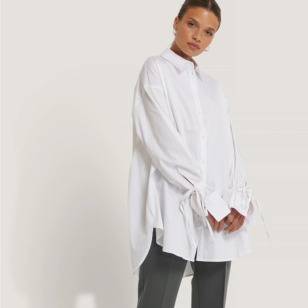 NA-KD Oversized Button-Down Shirt | Beige | Sleeve Tie Detail | Size 34 (XS/S)